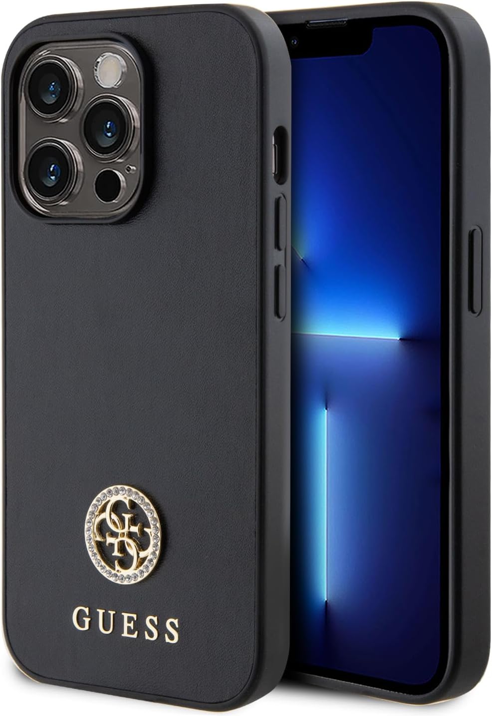 Guess iPhone 15 Pro 4G Strass Metal Logo Θήκη με Επένδυση Συνθετικού Δέρματος - Black - GUHCP15LPS4DGPK