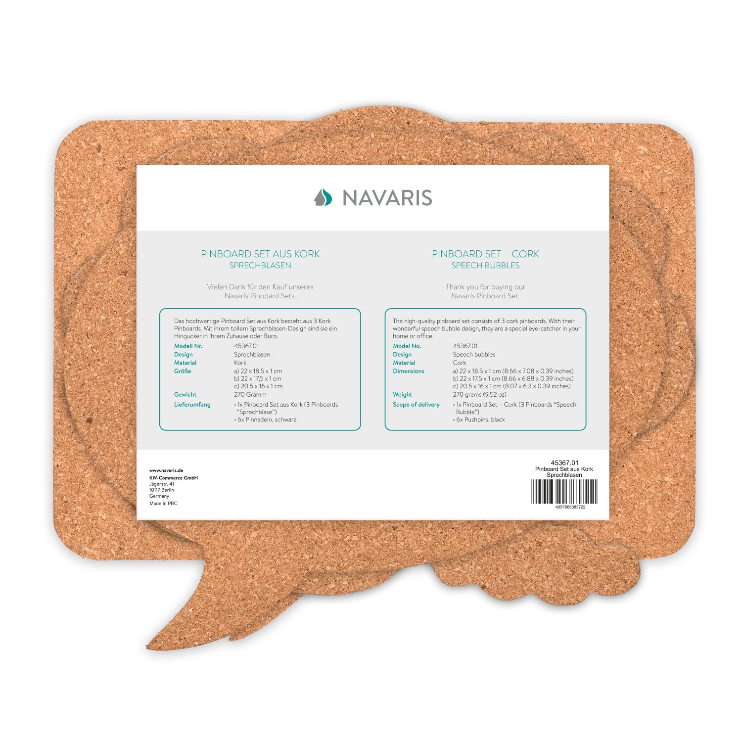 Navaris Cork Memo Boards - Σετ με 3 Πίνακες Ανακοινώσεων και Πινέζες - Cork - 45367.01