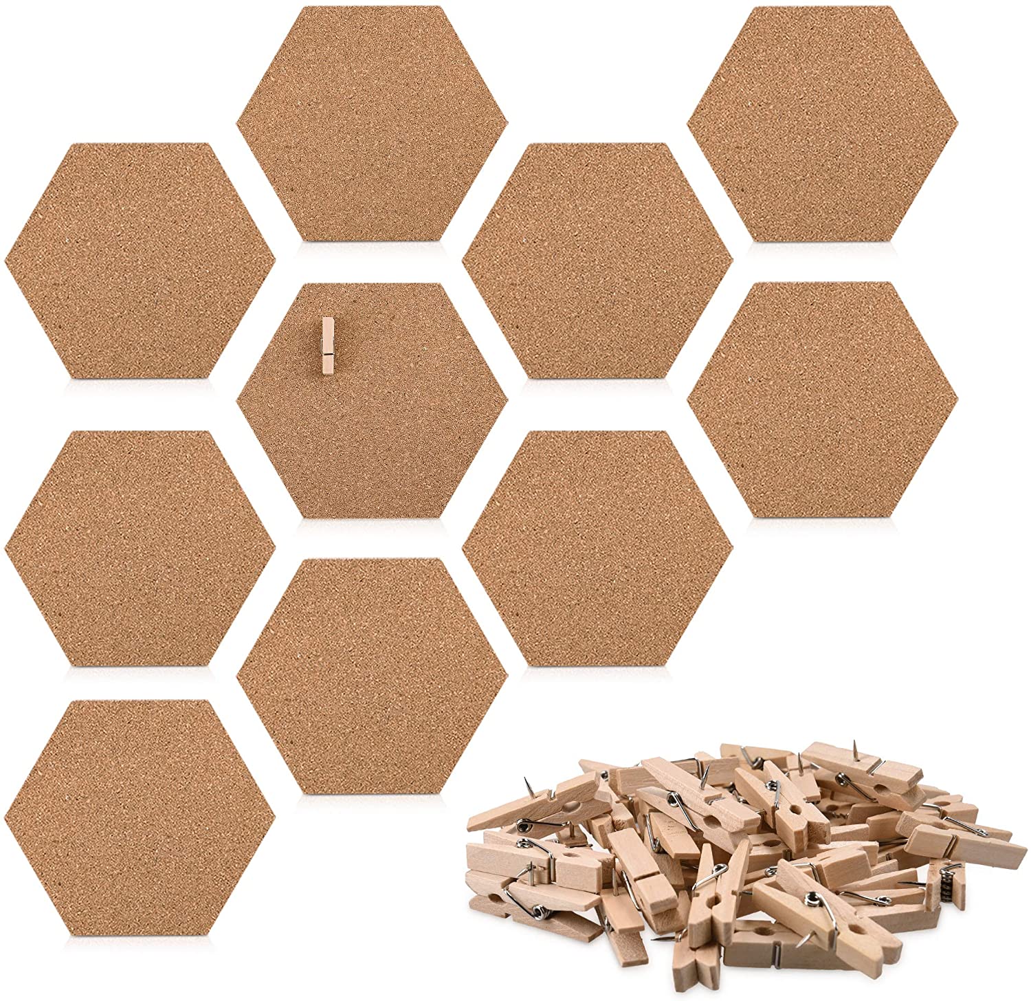 Navaris Cork Pin Board Hexagonal - Σετ με 10 Πίνακες Ανακοινώσεων από Φελλό και 50 Πινέζες - Cork - 53218.10