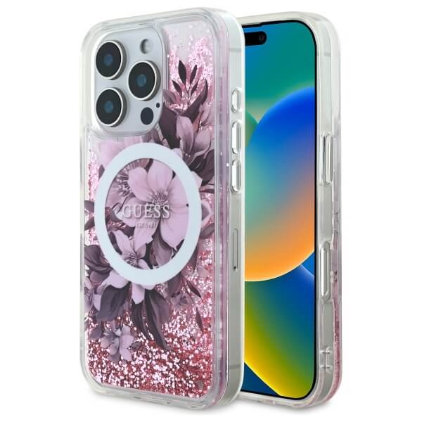 Guess iPhone 16 Pro Max - Liquid Glitter Flower - MagSafe Σκληρή Θήκη με Πλαίσιο Σιλικόνης - Διάφανη - GUHMP16XLFMWTP