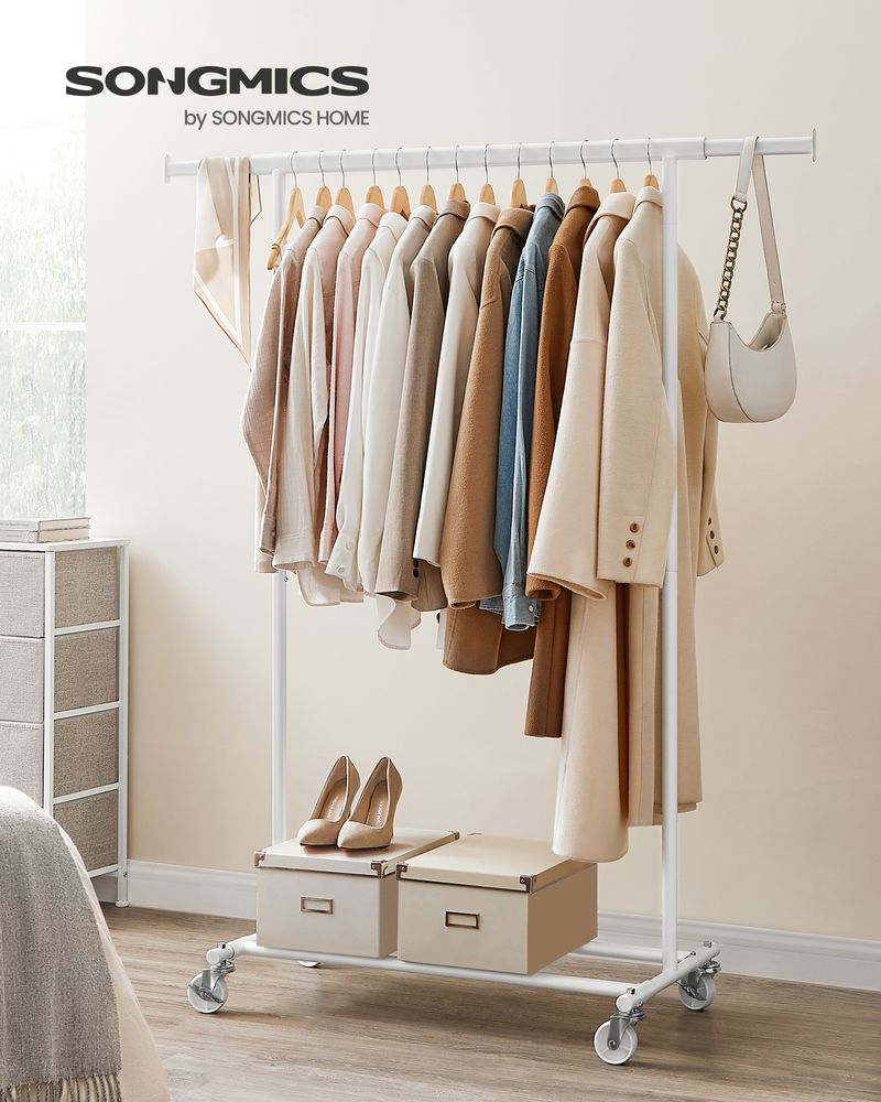 Songmics Τροχήλατη Επεκτεινόμενη Κρεμάστρα Δαπέδου - Ράγα Ρούχων - Classic White - HSR013W01