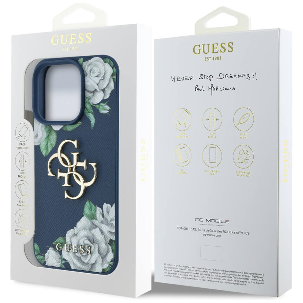 Guess iPhone 16 Pro Max - Grained Roses Big 4G Logo - Σκληρή Θήκη με Επένδυση από Οικολογικό Δέρμα - Blue - GUHCP16XPGROP4MB