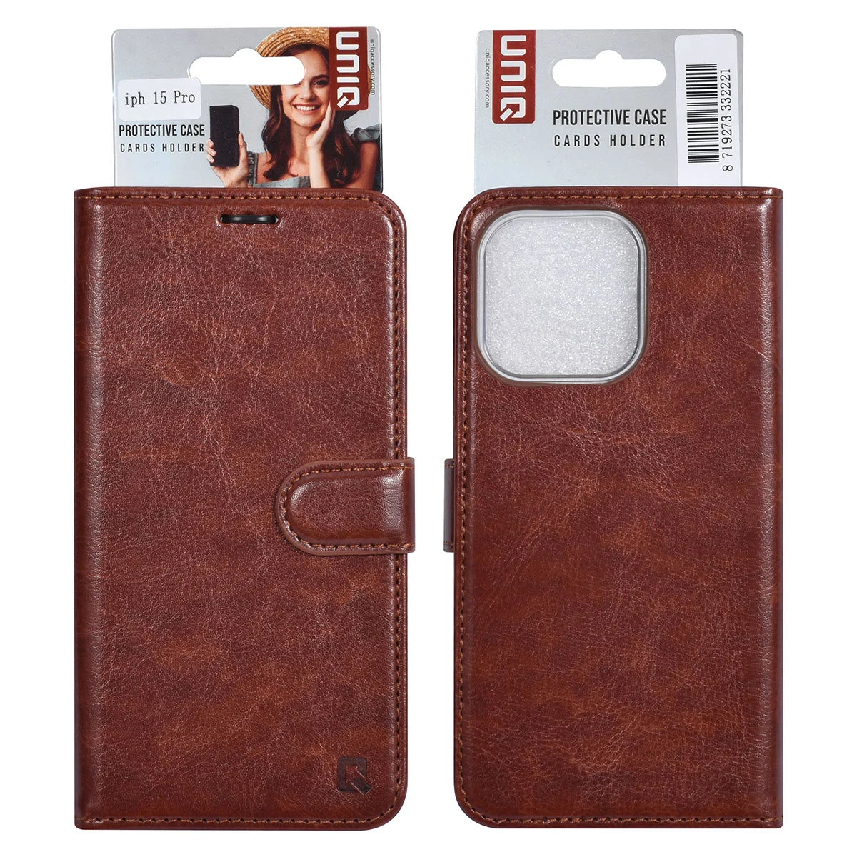 Tuniq iPhone 15 Pro - Θήκη Πορτοφόλι Stand από Δερματίνη - Καφέ