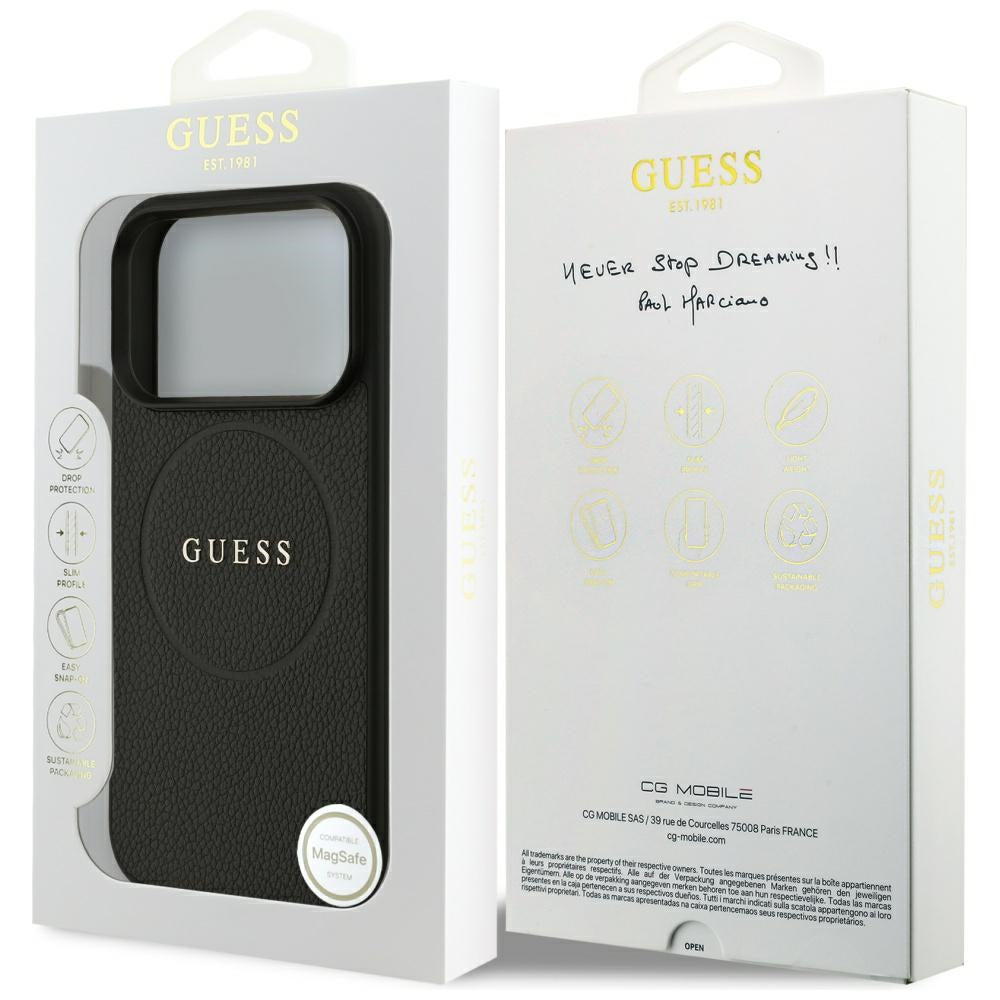 Guess iPhone 17 Pro - Grained Ring MagSafe - Σκληρή Θήκη με Πλαίσιο Σιλικόνης και Οικολογικό Δέρμα - Black - GUHMP17LPGHSMMK