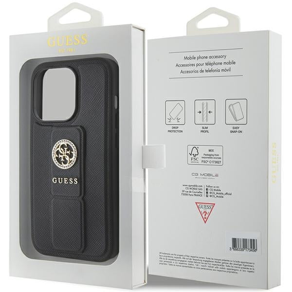 Guess iPhone 15 Pro Grip Stand 4G Saffiano Strass Logo Θήκη με Επένδυση Συνθετικού Δέρματος και Stand - Black - GUHCP15LPGSSADK
