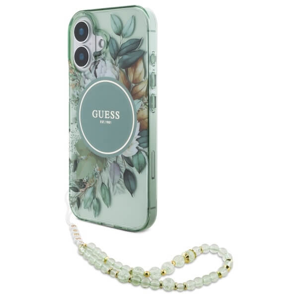 Guess iPhone 16 Plus - IML Flowers With Pearl Strap MagSafe - Σκληρή Θήκη με Πλαίσιο Σιλικόνης και Λουράκι - Green - GUHMP16MHFWBRCESN