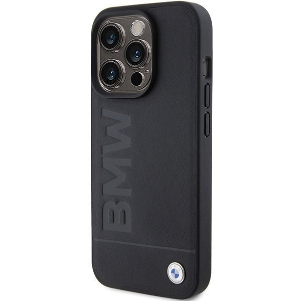 BMW iPhone 15 Pro Leather Hot Stamp Σκληρή Θήκη με Επένδυση Γνήσιου Δέρματος και Πλαίσιο Σιλικόνης - Black