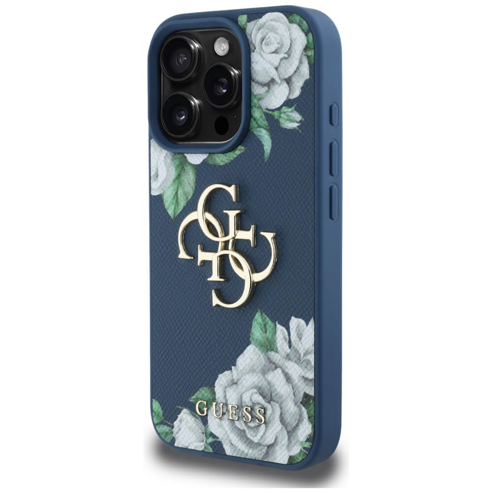 Guess iPhone 16 Pro - Grained Roses Big 4G Logo - Σκληρή Θήκη με Επένδυση από Οικολογικό Δέρμα - Blue - GUHCP16LPGROP4MB
