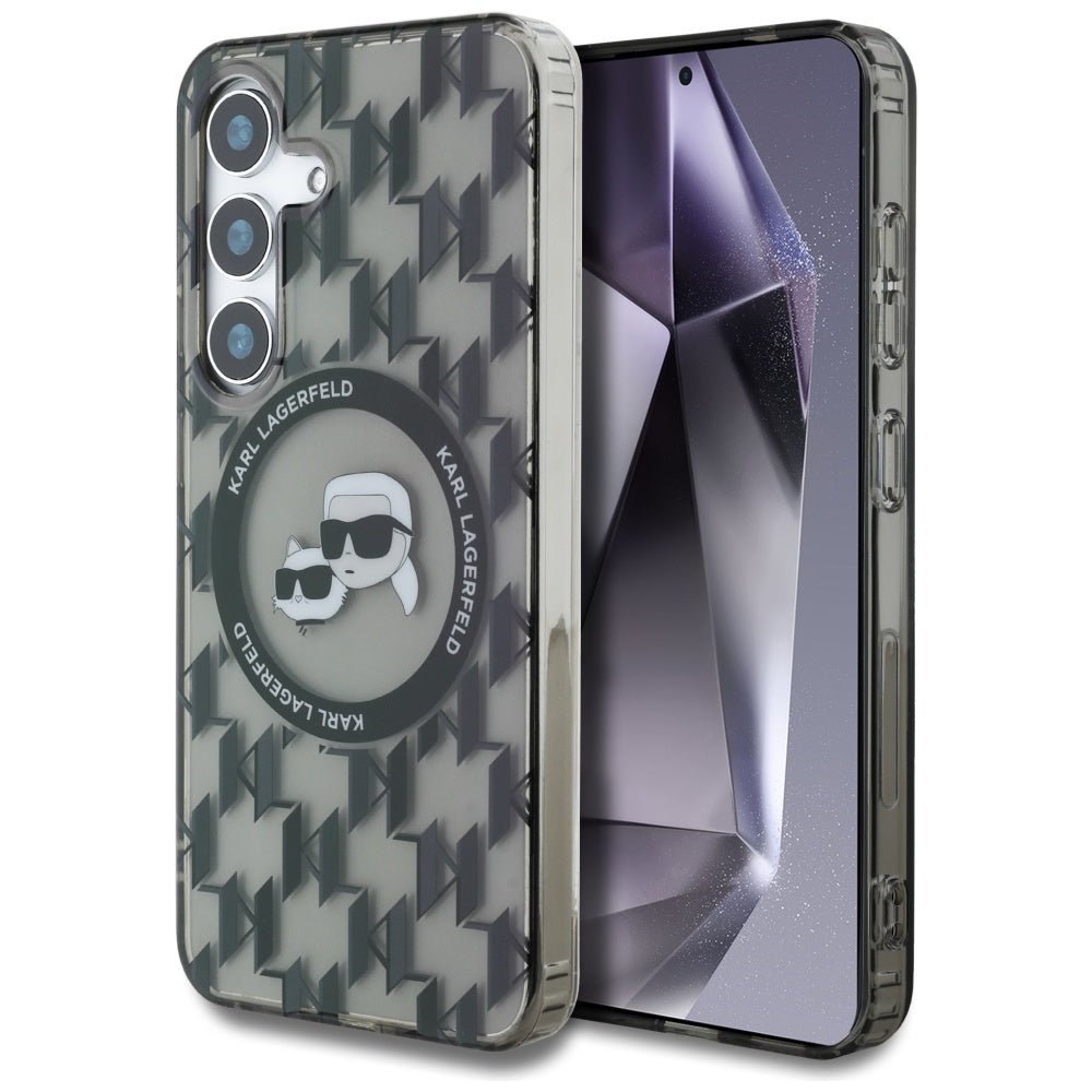 Karl Lagerfeld Samsung Galaxy S25 - Button Karl and Choupette Heads On KL Pattern - MagSafe Σκληρή Θήκη με Πλαίσιο Σιλικόνης - Black - KLHMS25SHMCKMHK