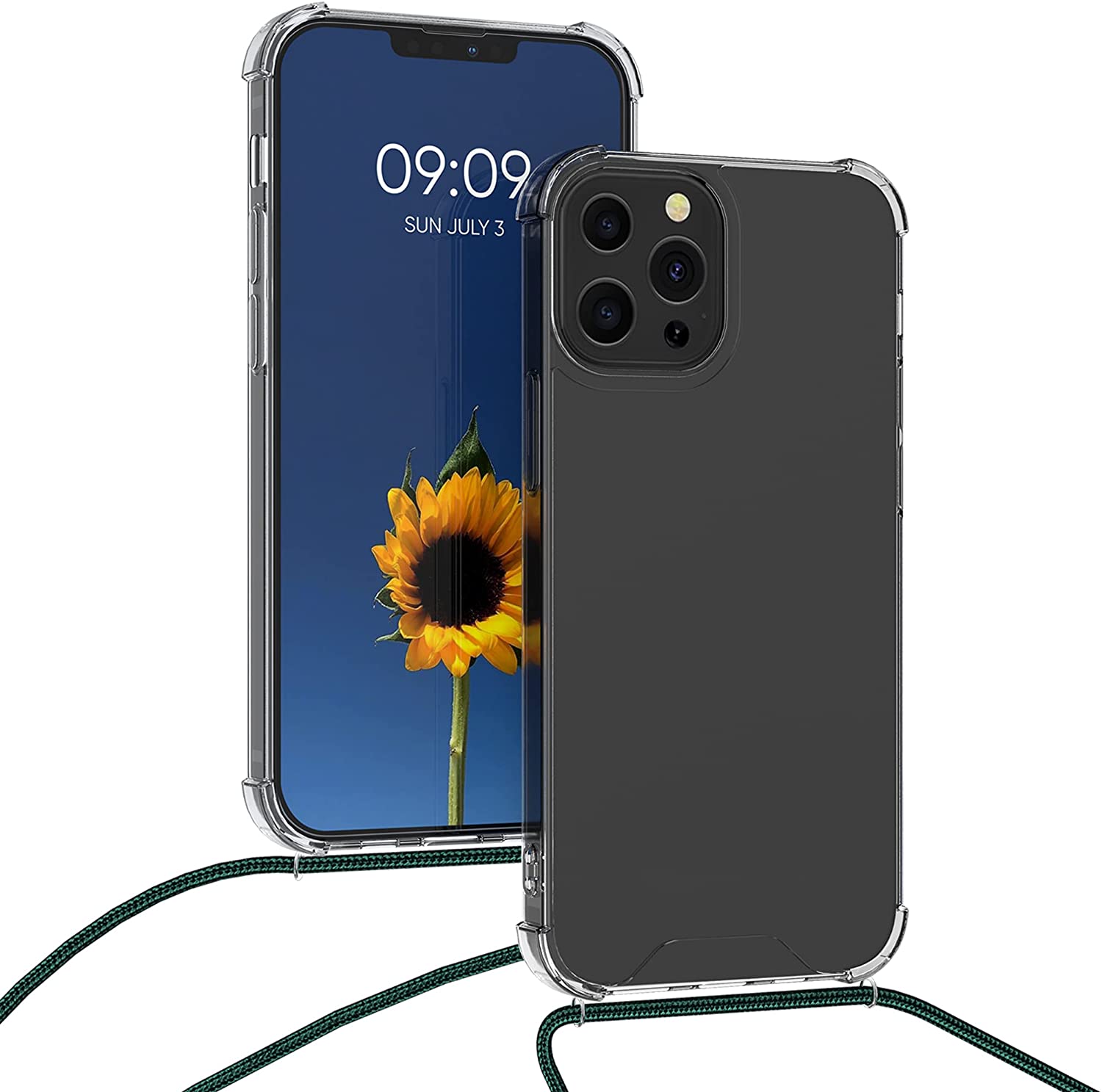 KW iPhone 13 Pro Θήκη Σιλικόνης TPU με Λουράκι - Διάφανη / Dark Green - 55963.80