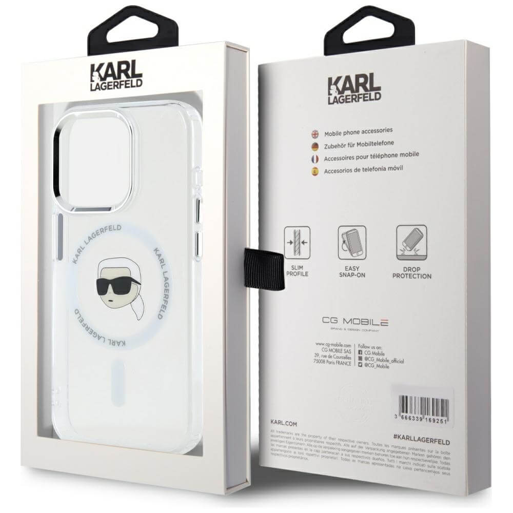 Karl Lagerfeld iPhone 15 Pro Max - IML Metal Karl Head - MagSafe Σκληρή Θήκη με Πλαίσιο Σιλικόνης - White - KLHMP15XHLSKIH