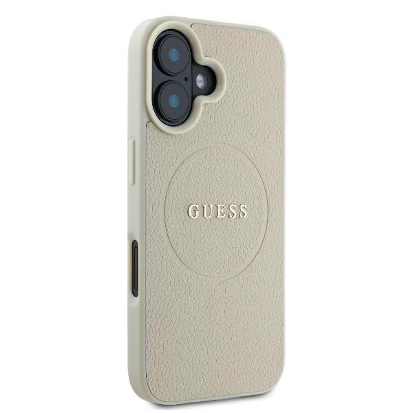 Guess iPhone 16 - Grained Ring MagSafe - Σκληρή Θήκη από Οικολογικό Δέρμα - Beige - GUHMP16SPGHSMME