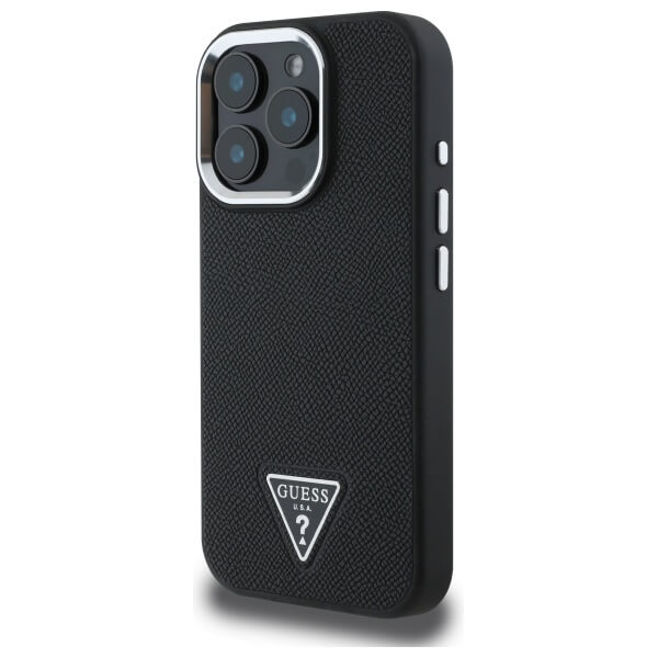 Guess iPhone 16 Pro Max - Grained Triangle MagSafe - Σκληρή Θήκη με Επένδυση Συνθετικού Δέρματος και Πλαίσιο Σιλικόνης - Black - GUHMP16XPGTSPSK