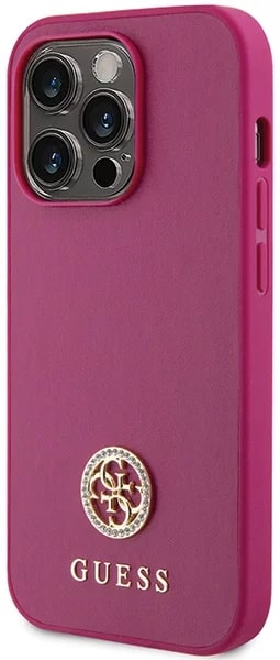 Guess iPhone 15 Pro Max 4G Strass Metal Logo Θήκη με Επένδυση Συνθετικού Δέρματος - Pink - GUHCP15XPS4DGPP
