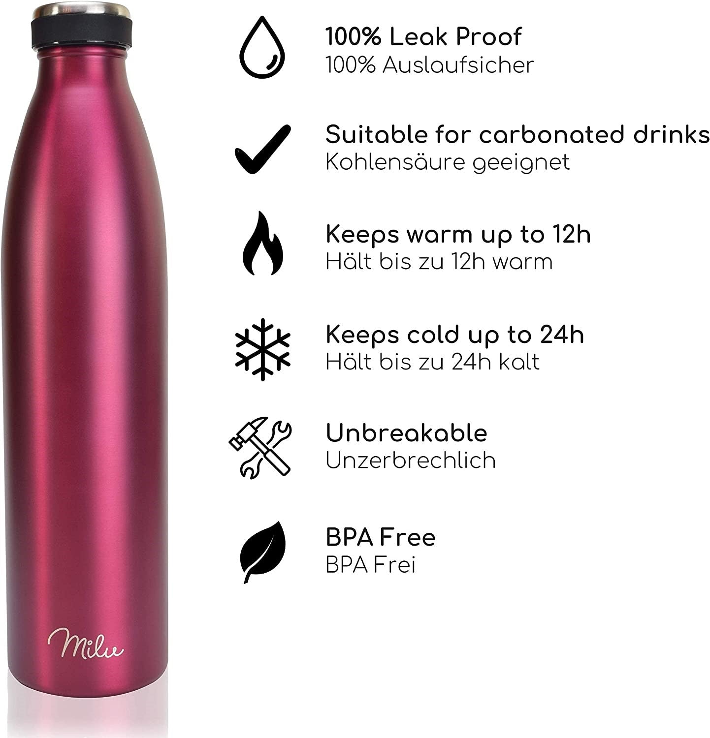 Milu T5 Stainless Steel Μπουκάλι Θερμός από Ανοξείδωτο Ατσάλι για Ζεστά και Κρύα Ροφήματα - 1000ml - Berry Pink - 6529