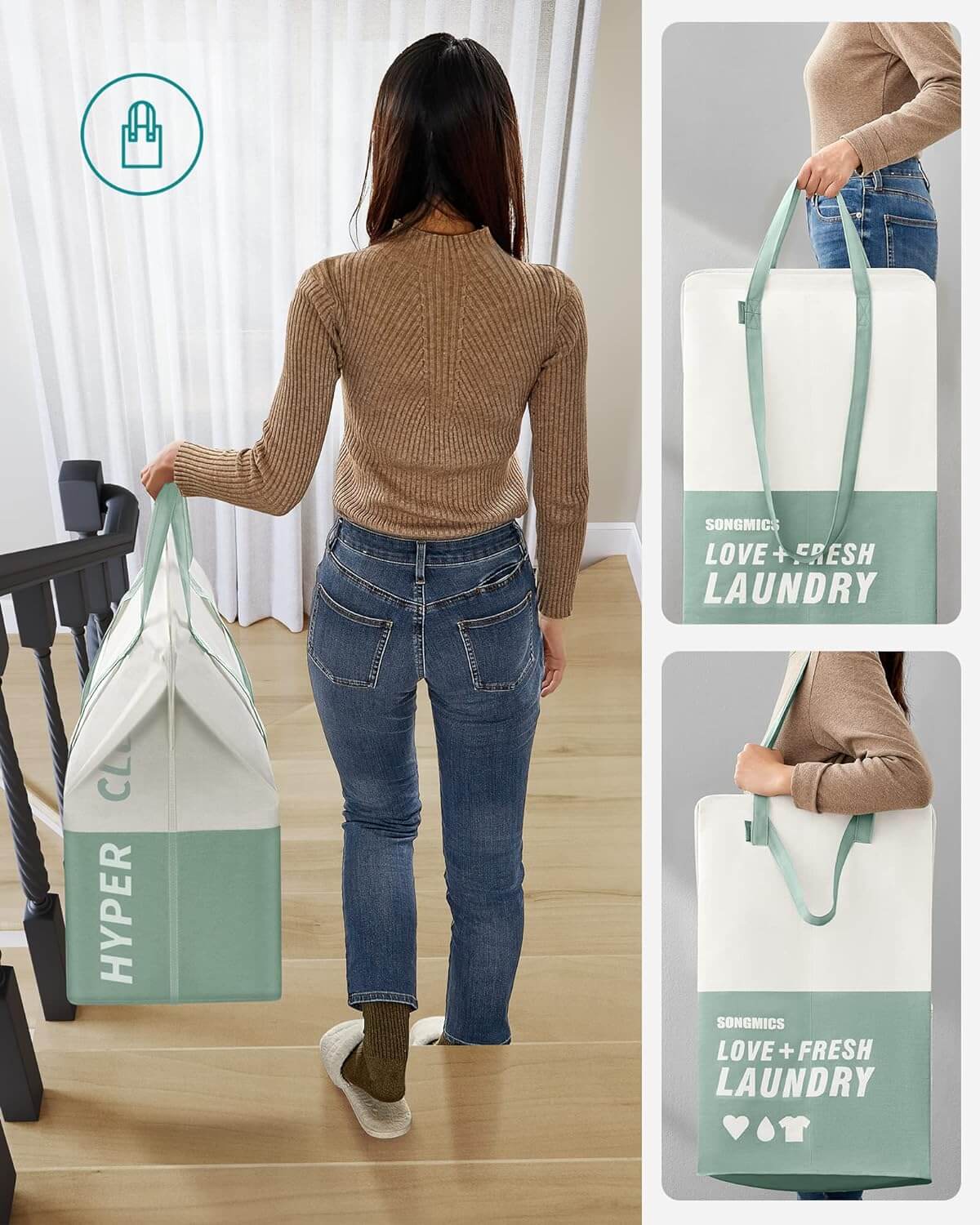 Songmics Υφασμάτινο Καλάθι Απλύτων με 2 Διαμερίσματα - Mint Green - LCB209C11