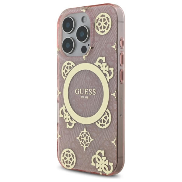 Guess iPhone 16 Pro - IML Peony On 4G Background MagSafe - Θήκη με Επένδυση Συνθετικού Δέρματος - Pink - GUHMP16LH4PYEEP