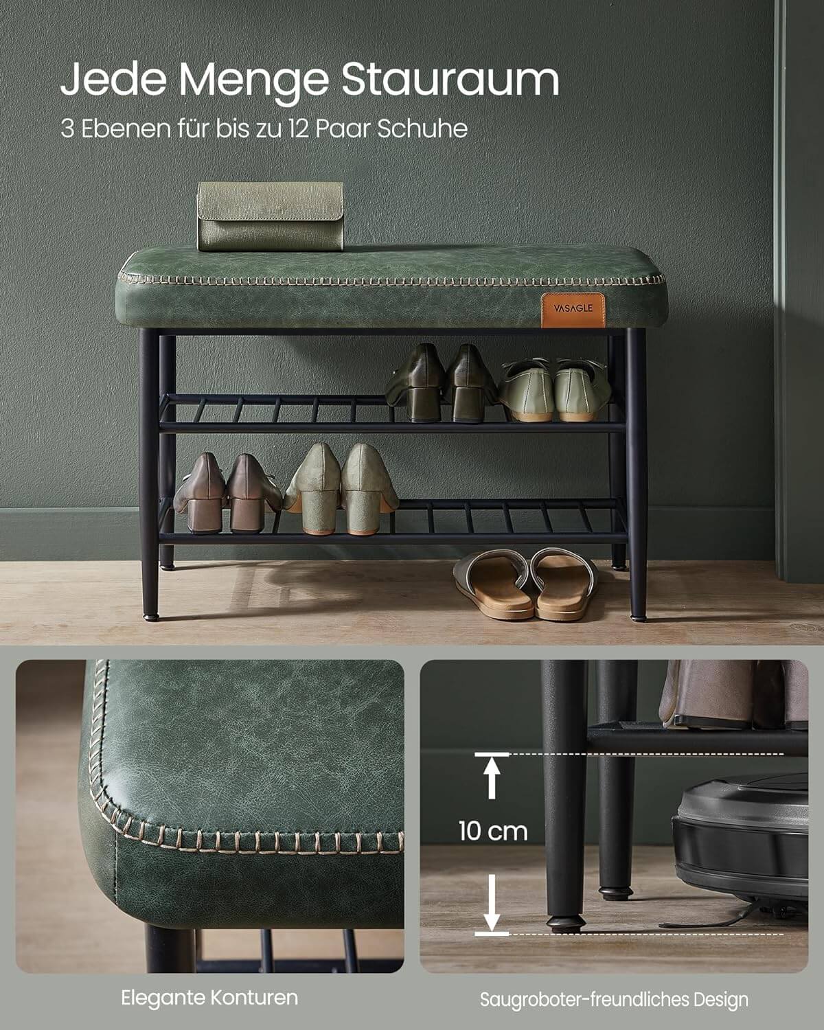 Vasagle EKHO Πάγκος / Σκαμπό με Κάθισμα από Συνθετικό δέρμα και 2 Ράφια - 30 x 80 x 50 cm - Forest Green - LSB054C01