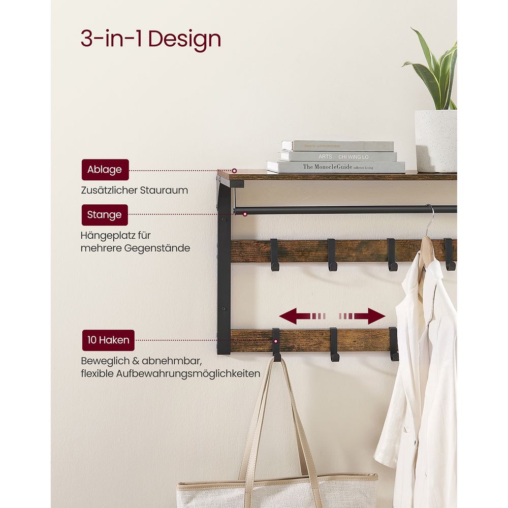 Vasagle Επιτοίχια Κρεμάστρα με Ράβδο και με 10 Αφαιρούμενους Γάντζους - Vintage Brown / Black - LCR201B01