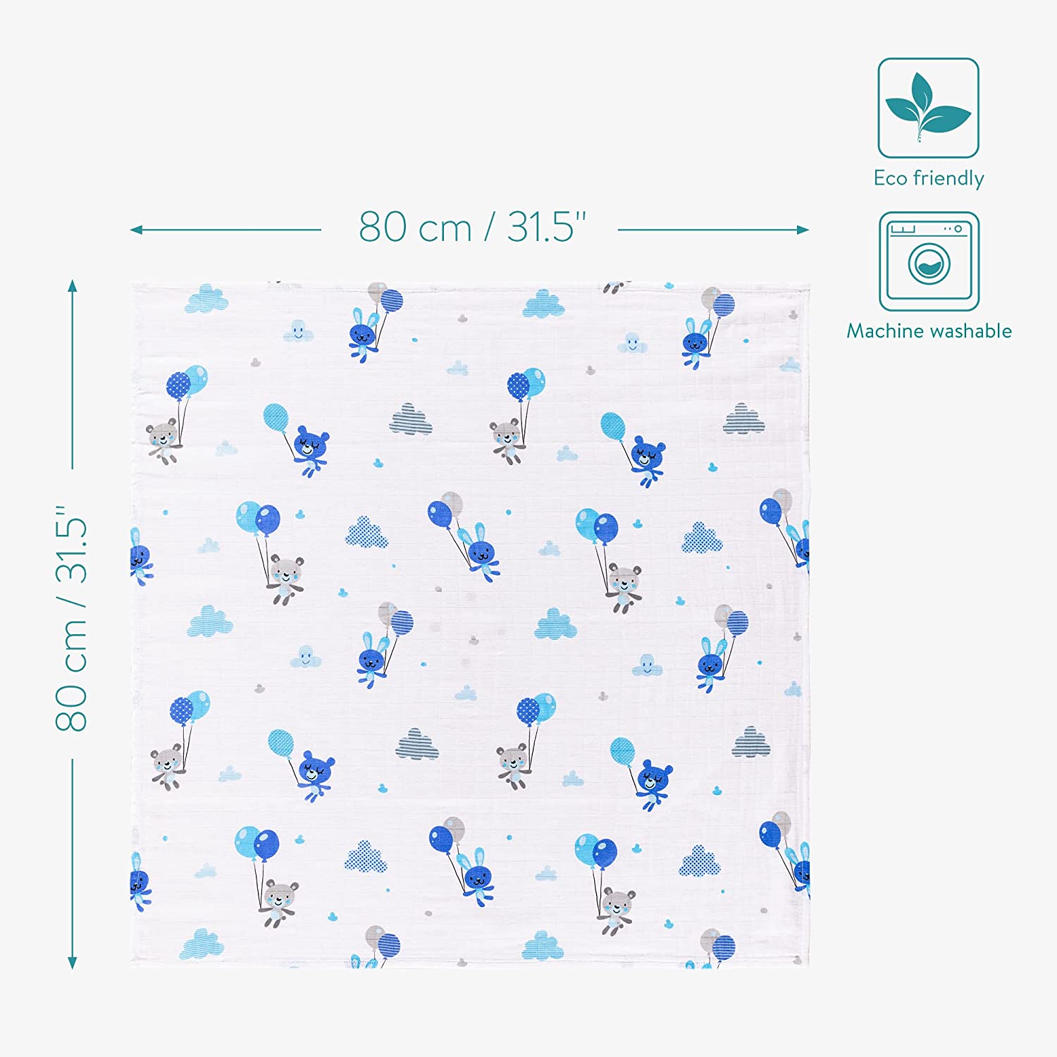 Navaris Σετ με 4 Πάνες Αγκαλιάς από Μουσελίνα για Μωρά - 80 x 80 cm - Design Animals - White / Blue - 51484.02