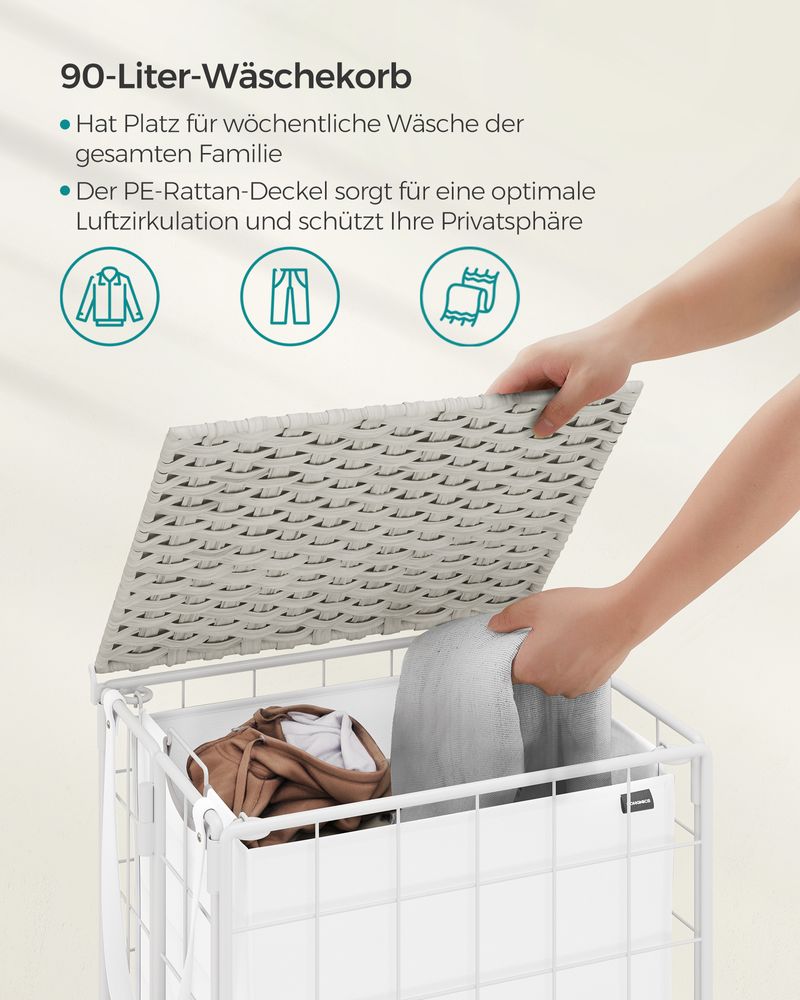 Songmics Τροχήλατο Αναδιπλούμενο Καλάθι Απλύτων με Καπάκι - 90L - Cloud White - LCB290W01