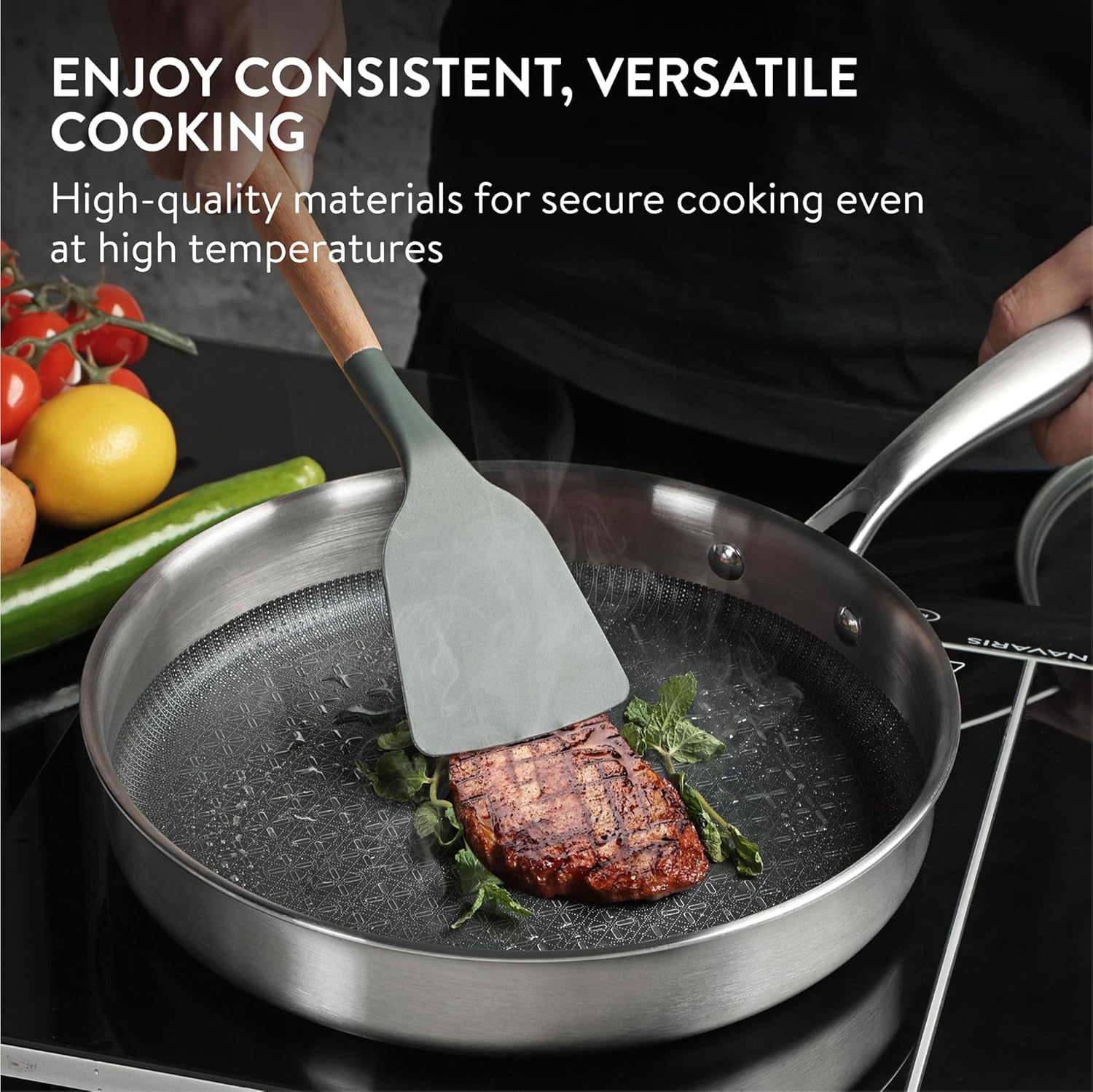 Navaris Ανοξείδωτο Τηγάνι με Γυάλινο Καπάκι - 25 cm - Silver