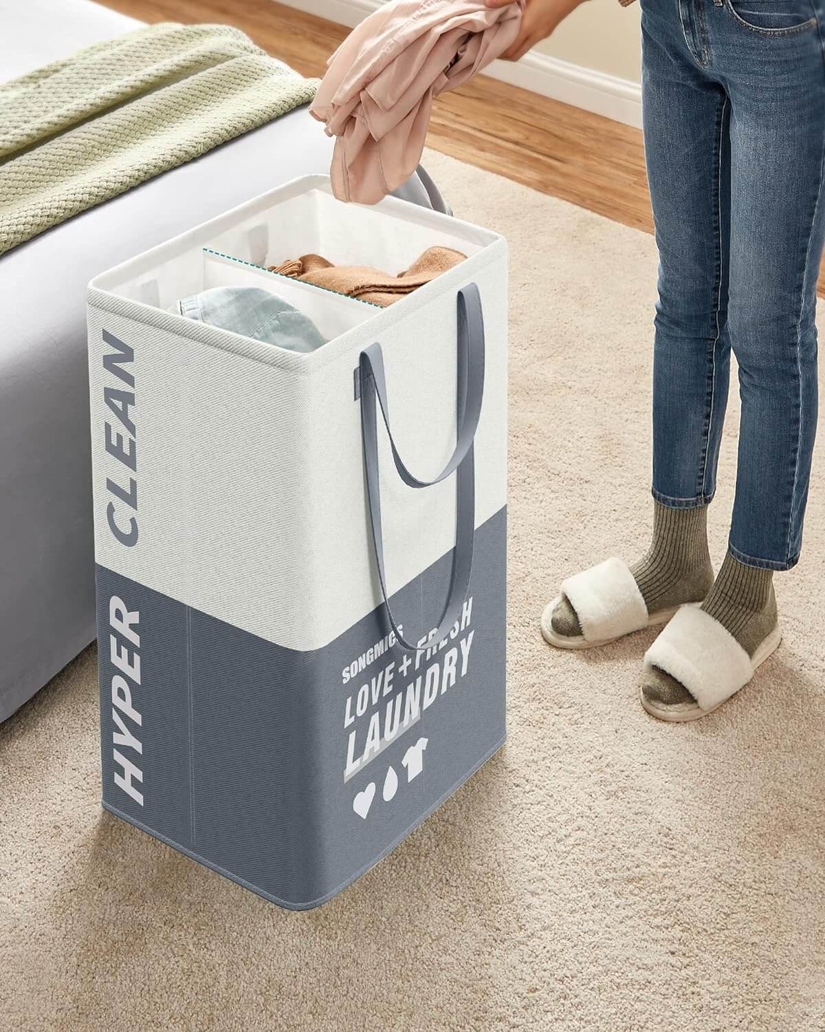 Songmics Υφασμάτινο Καλάθι Απλύτων με 2 Διαμερίσματα - Dark Blue - LCB209Q11