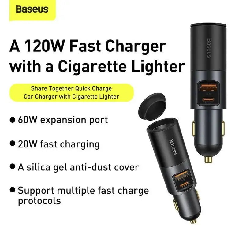 Baseus Share Together 120W Φορτιστής Αυτοκινήτου Γρήγορης Φόρτισης με 1 Θύρα USB και 1 Θύρα Type-C - Grey - CCBT-C0G