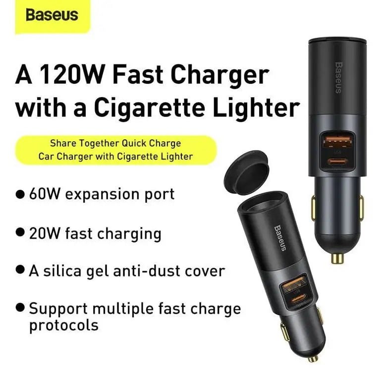 Baseus Share Together 120W Φορτιστής Αυτοκινήτου Γρήγορης Φόρτισης με 1 Θύρα USB και 1 Θύρα Type - C - Grey - CCBT - C0G