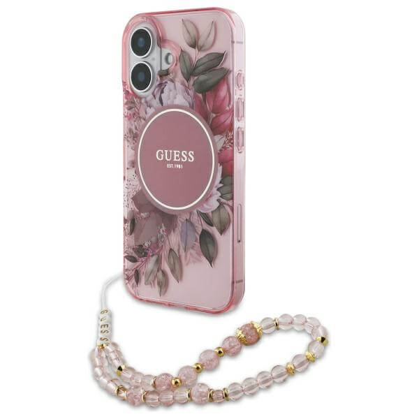 Guess iPhone 16 - IML Flowers With Pearl Strap MagSafe - Σκληρή Θήκη με Πλαίσιο Σιλικόνης και Λουράκι - Pink - GUHMP16SHFWBRCESP