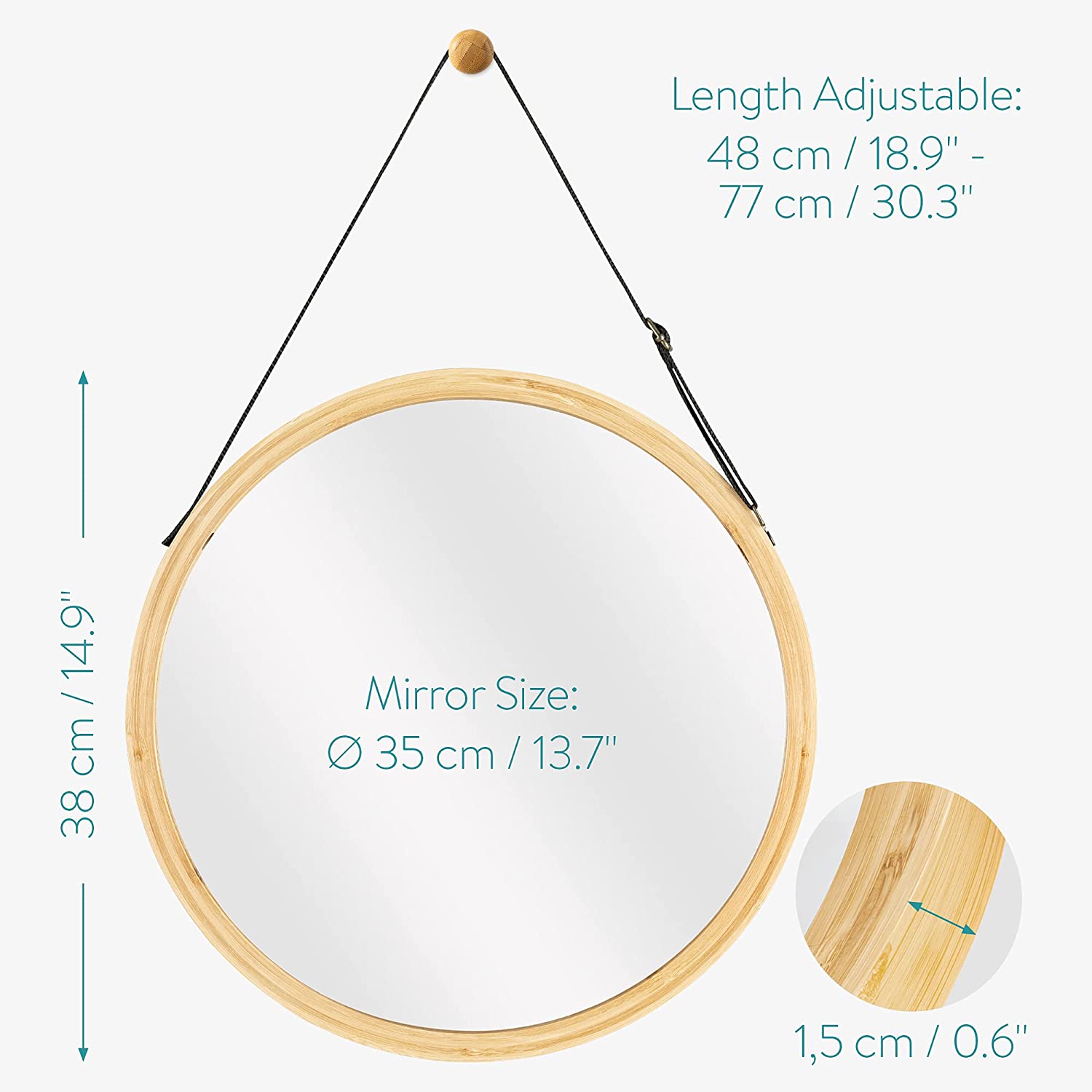 Navaris Στρόγγυλος Κρεμαστός Καθρέπτης Τοίχου από Μπαμπού - 38 cm - Light Brown / Black - 50259.3