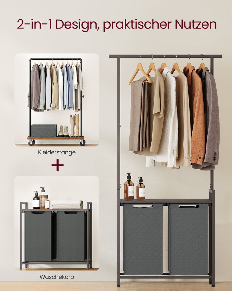 Vasagle Καλάθι Απλύτων 2 Διαμερισμάτων με Ράφι και Ράγα Ρούχων - 73 x 33 x 177 cm - Greige Mottled / Slate Grey - BLH241G01