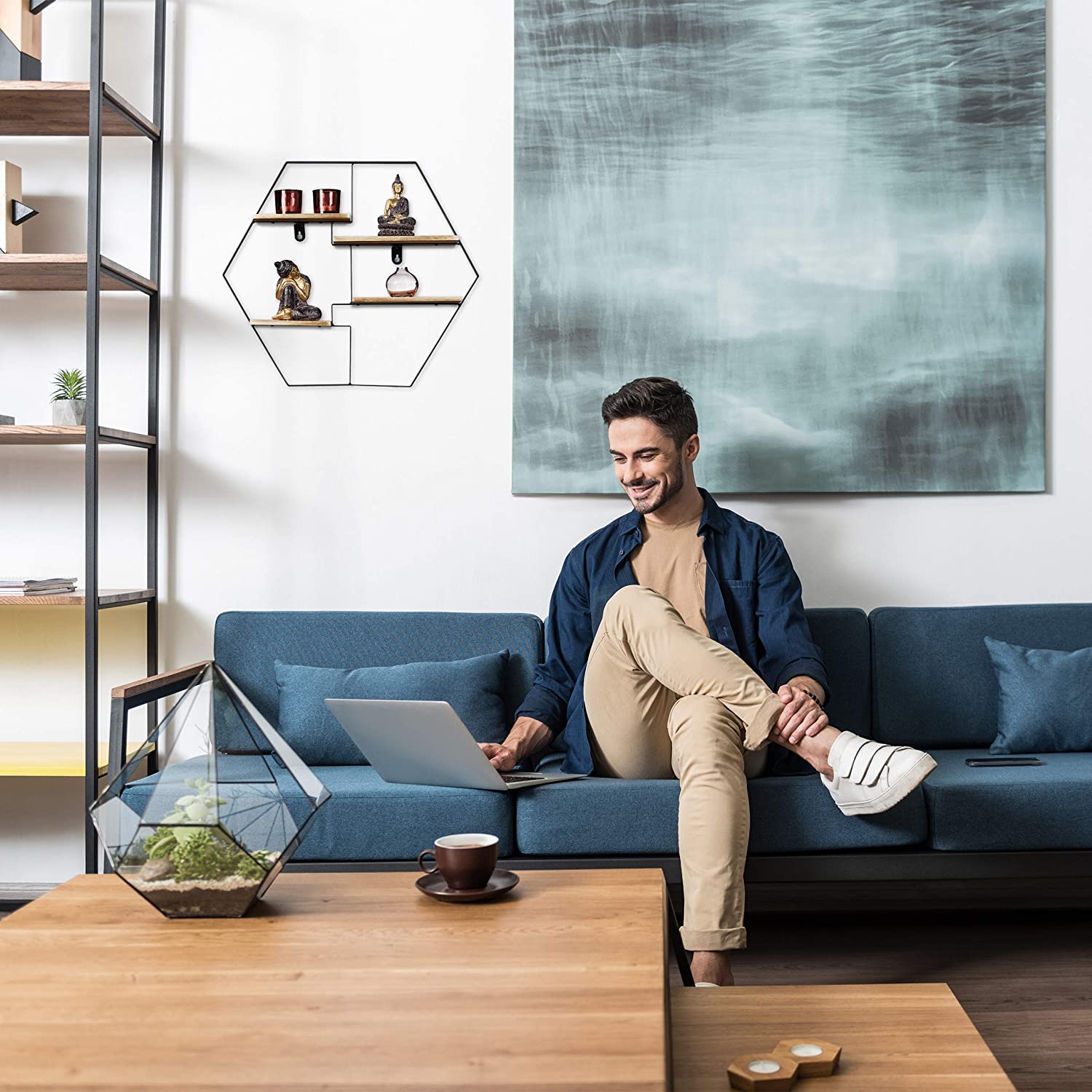 Relaxdays Διακοσμητικό Ράφι Τοίχου με 4 Διαμερίσματα σε Σχήμα Εξαγώνου - 52 x 60 x 12 cm - Natural - 4052025289294