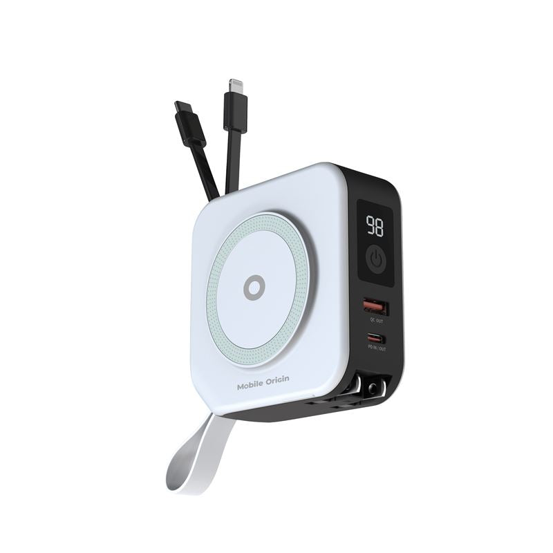 Mobile Origin Powerbank 10000mAh & Φορτιστής Ταξιδίου 15W με Ενσωματωμένα Καλώδια Lightning και Type-C - White