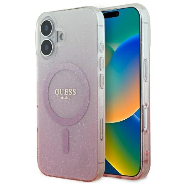 Guess iPhone 16 - IML Glitter Gradient - MagSafe Σκληρή Θήκη με Πλαίσιο Σιλικόνης - Pink - GUHMP16SHGRCELP