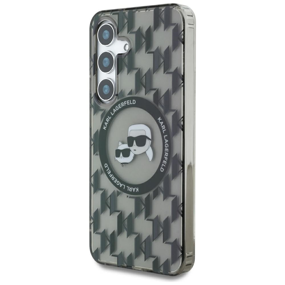 Karl Lagerfeld Samsung Galaxy S25 - Button Karl and Choupette Heads On KL Pattern - MagSafe Σκληρή Θήκη με Πλαίσιο Σιλικόνης - Black - KLHMS25SHMCKMHK