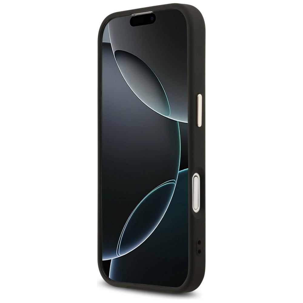 Guess iPhone 17 - 4G Triangle Strass Logo MagSafe - Σκληρή Θήκη με Επένδυση Συνθετικού Δέρματος - Black / Gold - GUHMP17SP4GTDGMK