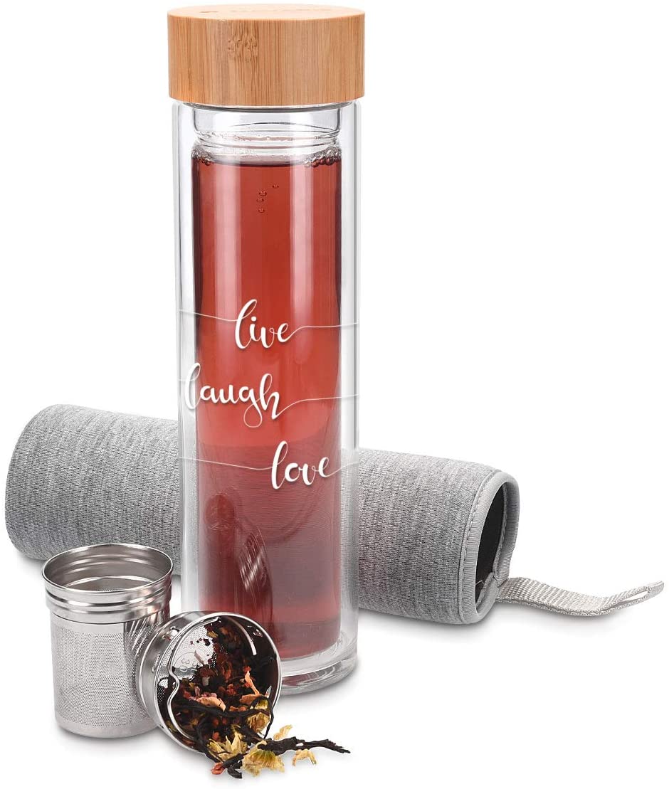 Navaris Γυάλινο Μπουκάλι Τσαγιού με Θήκη μεταφοράς - 500ml - Design Live Laugh Love - Clear - 45888.2.05