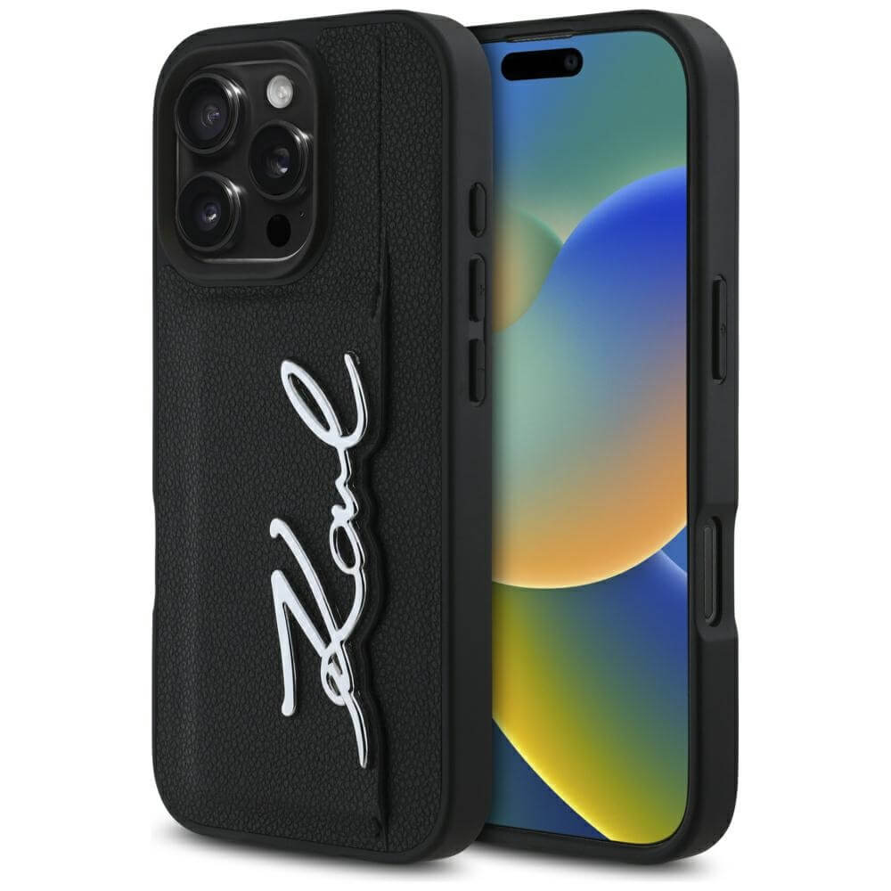 Karl Lagerfeld iPhone 16 Pro - HC Grained PU Cardslot Metal Signature - Σκληρή Θήκη με Επένδυση Συνθετικού Δέρματος και Υποδοχή για Κάρτες - Black - KLHCP16LPGPVKSK