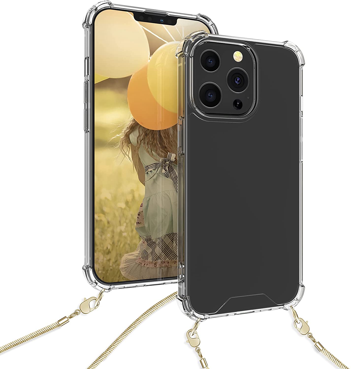 KW iPhone 13 Pro Θήκη Σιλικόνης TPU με Μεταλλικό Λουράκι - Διάφανη / Gold - 55966.21