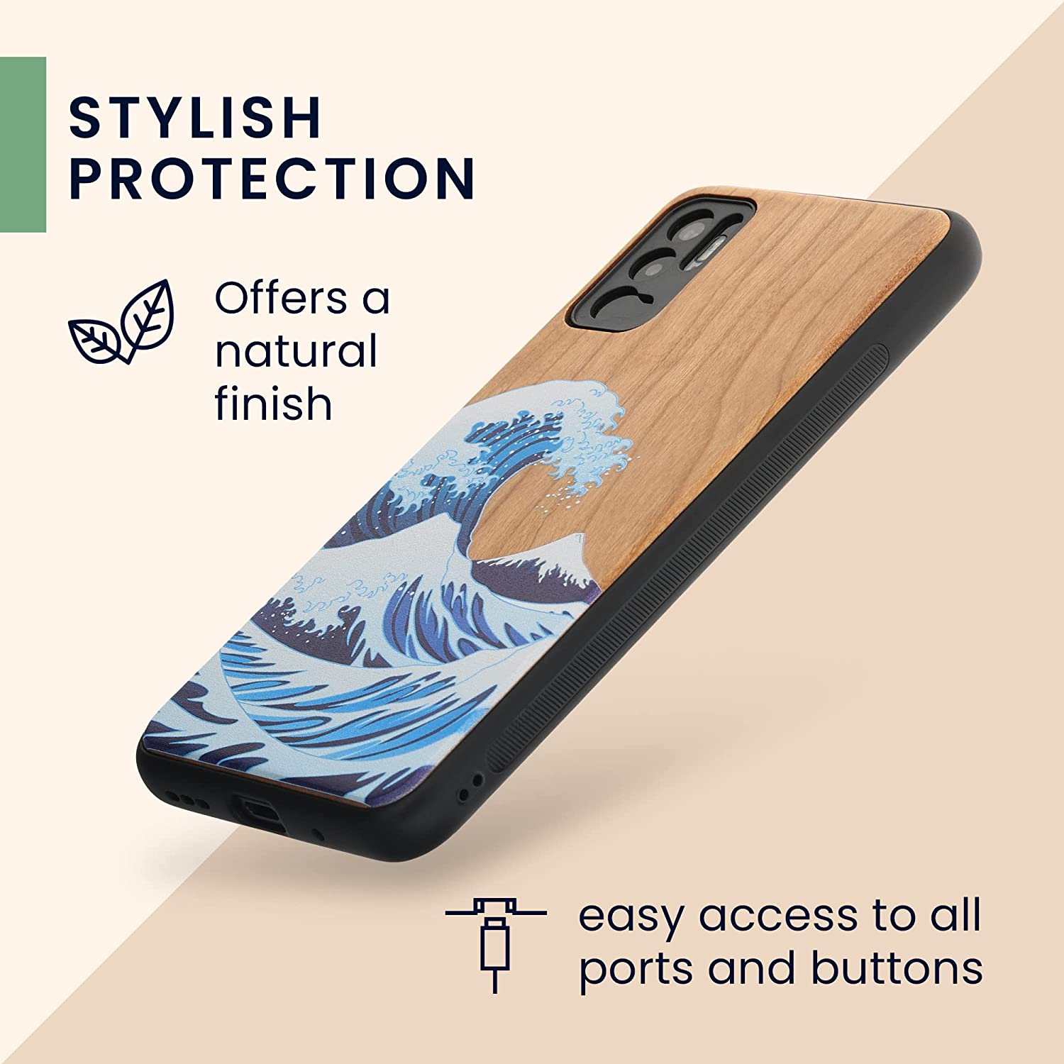 KW Xiaomi Redmi Note 10 5G Θήκη από Φυσικό Ξύλο - Design The Great Wave - Blue / White / Brown- 56792.04