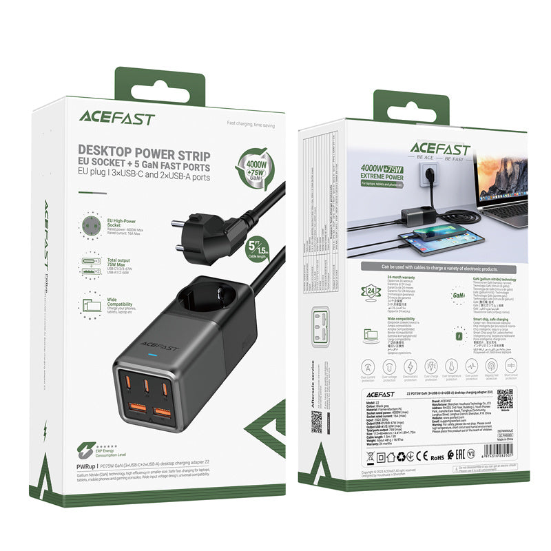 Acefast Z2 GaN 75W PD Σταθμός Φόρτισης με 3 Θύρες Type-C και 2 Θύρες USB και 1 Πρίζα - Black / Grey