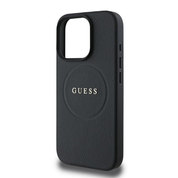Guess iPhone 16 Pro - Grained Gold Ring - MagSafe Σκληρή Θήκη από Οικολογικό Δέρμα - Black - GUHMP16LPGHSMMK