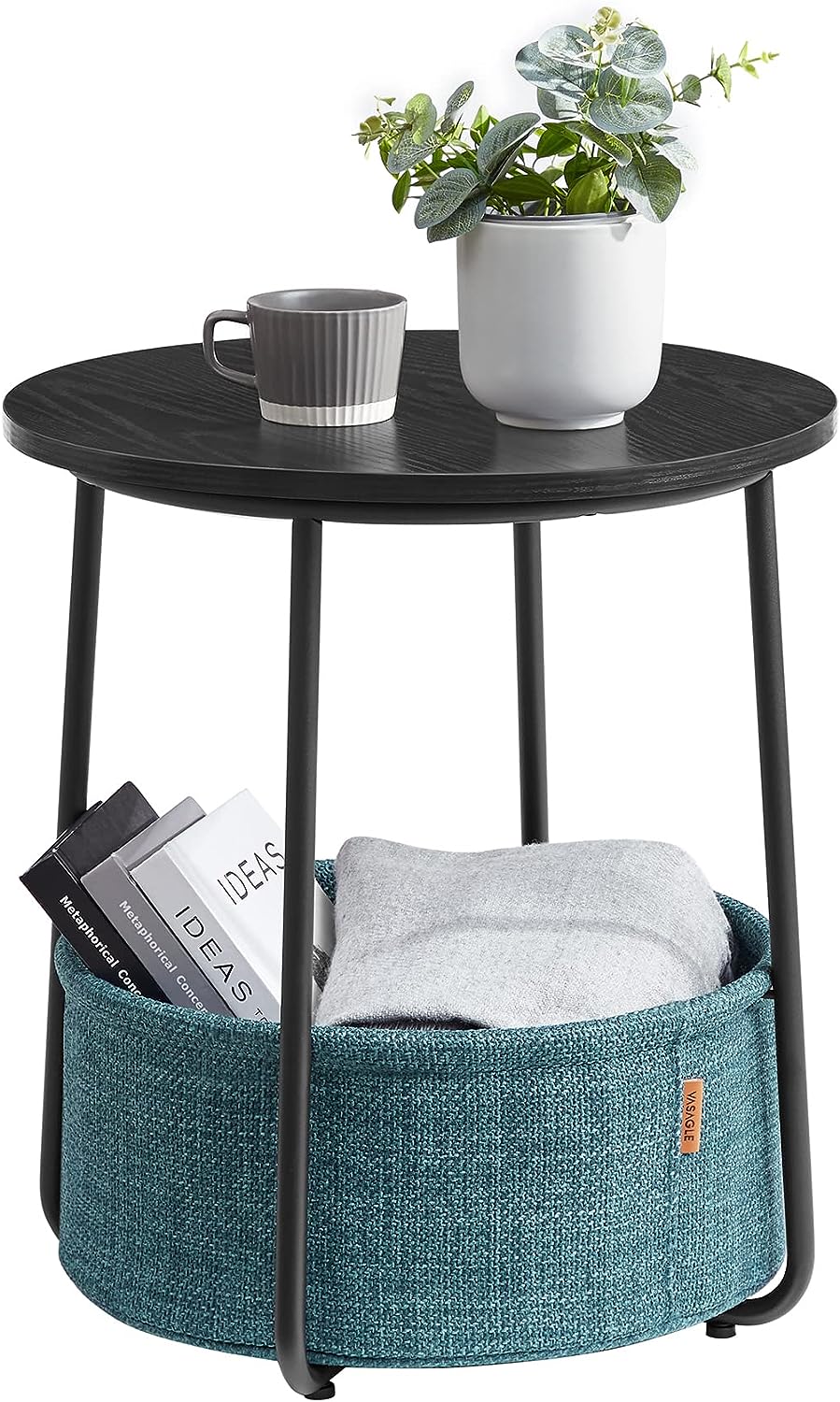 Vasagle Στρόγγυλο Βοηθητικό Τραπέζι με Υφασμάτινο Καλάθι Αποθήκευσης - Black Wood / Dark Turquoise - LET223B56