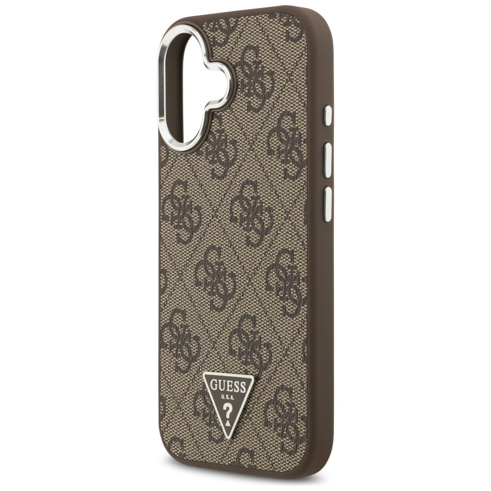 Guess iPhone 17 - 4G Triangle Logo MagSafe - Σκληρή Θήκη με Πλαίσιο Σιλικόνης και Επένδυση Συνθετικού Δέρματος - Brown / Silver - GUHMP17SP4TSRCMW