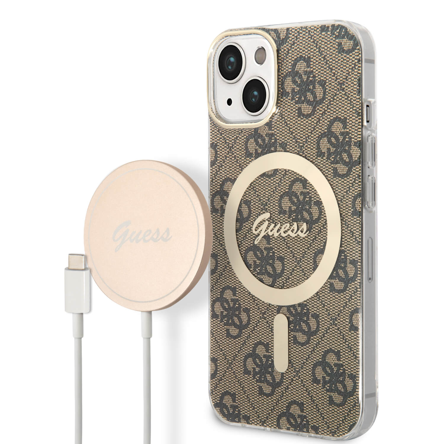 Guess iPhone 15 / 14 / 13 - Bundle Pack - Σετ Σκληρή Θήκη με Πλαίσιο Σιλικόνης και Ασύρματος Φορτιστής MagSafe - Design 4G Print MagSafe - Brown - GUBPP14SH4EACSW