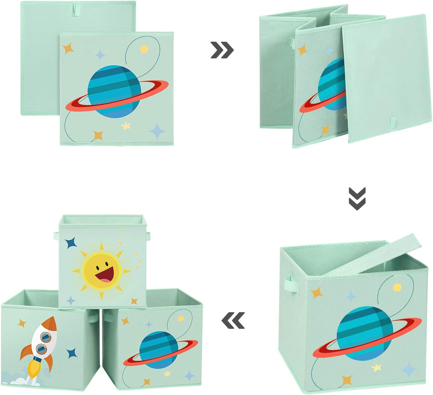 Songmics Σετ με 3 Παιδικά Κουτιά Αποθήκευσης Παιχνιδιών με Χερούλια - Space Theme - Green - RFB001G03