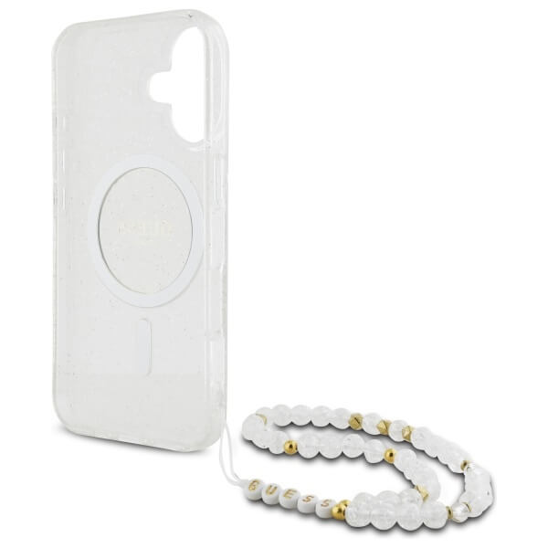 Guess iPhone 16 - IML Glitter With Pearl Strap MagSafe - Σκληρή Θήκη με Πλαίσιο Σιλικόνης και Λουράκι - Διάφανη - GUHMP16SHGCRELST