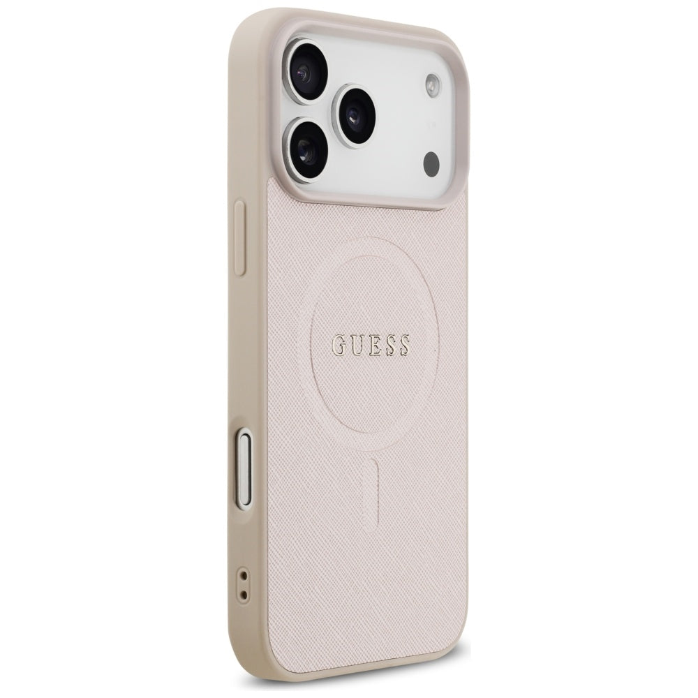 Guess iPhone 17 Pro Max - Saffiano Classic Logo MagSafe - Σκληρή Θήκη με Πλαίσιο Σιλικόνης και Επένδυση Οικολογικού Δέρματος - Pink - GUHMP17XPSAHMCP