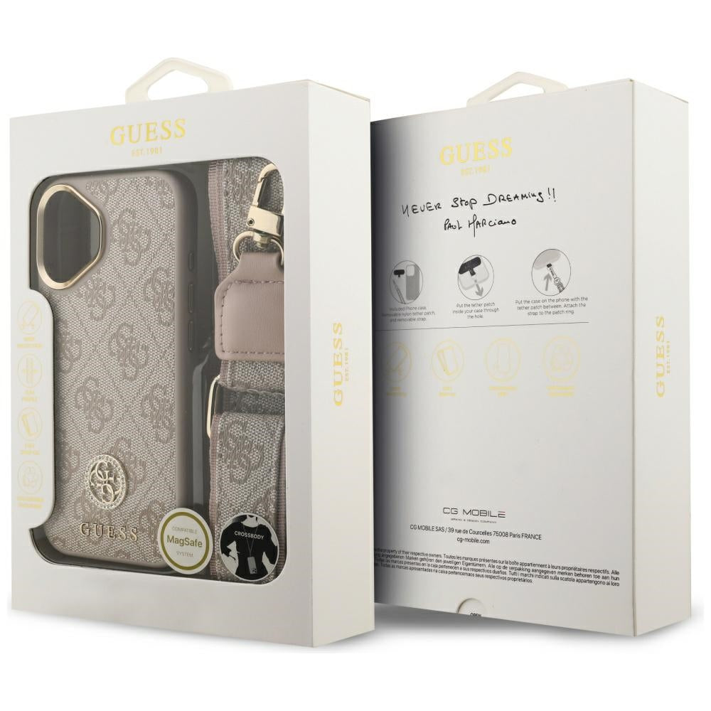 Guess iPhone 17 - 4G Strass Logo and Big Strap Metal Buttons MagSafe - Θήκη με Επένδυση Συνθετικού Δέρματος και Λουράκι - Pink - GUHMP17SP4G4DCSP